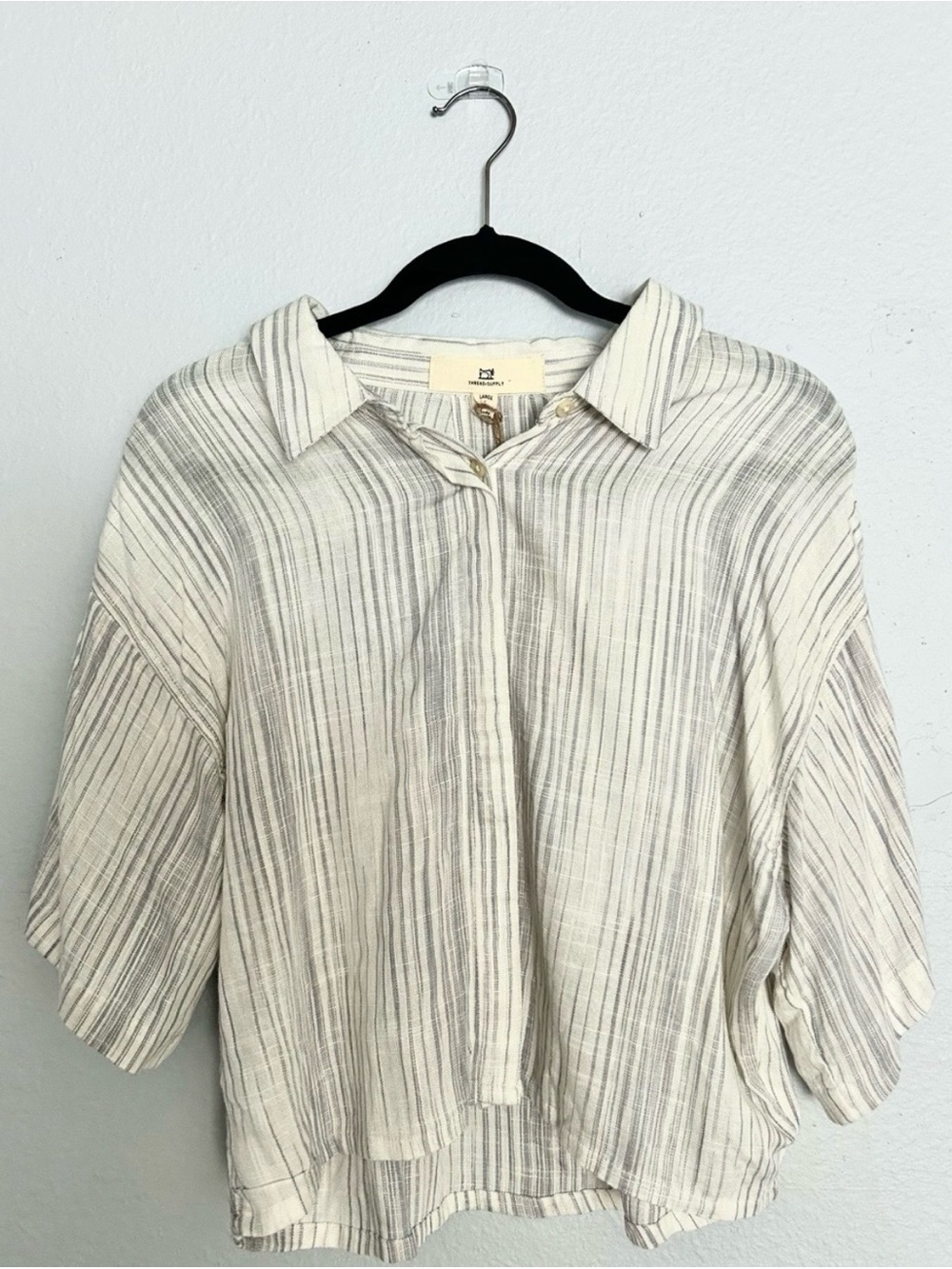 NWT THREAD & SUPPLY Striped Short Sleeve Collared Linen Blend Top Size: L